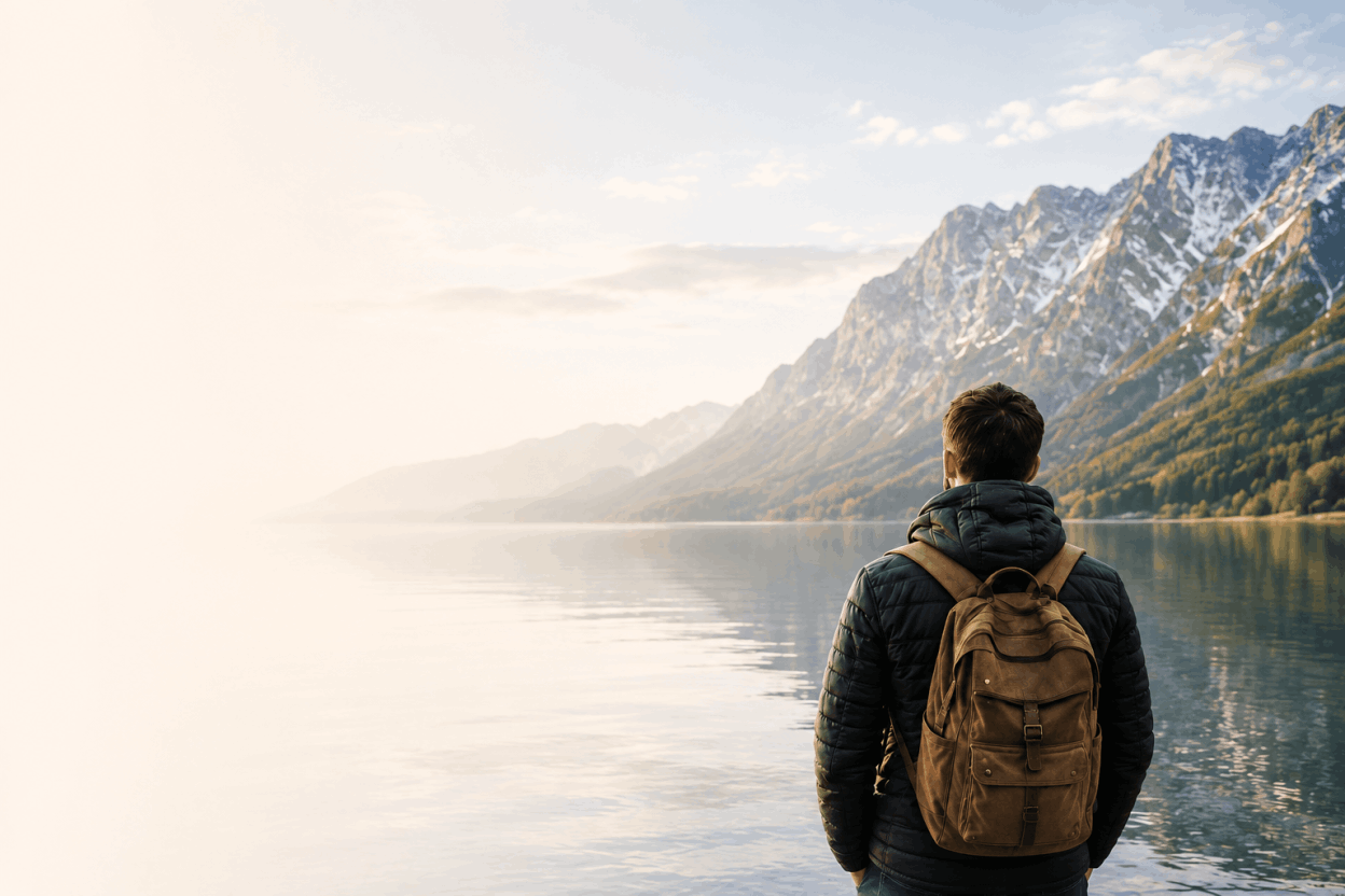 Professional looking towards mountains and new opportunities